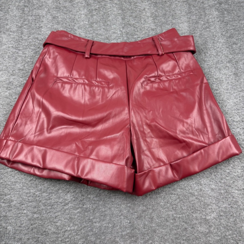 Ces Femme Faux Leather Shorts Women's Small Burgundy High Waist Pleated Tie Belt - Picture 12 of 12